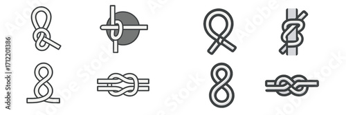 Set of various rope knots and ties including figure eight, square, and cleat hitch for climbing, sailing, and general utility applications