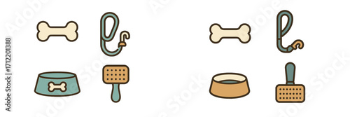 Collection of essential pet care accessories including dog bones, leashes, food bowls, and grooming brushes