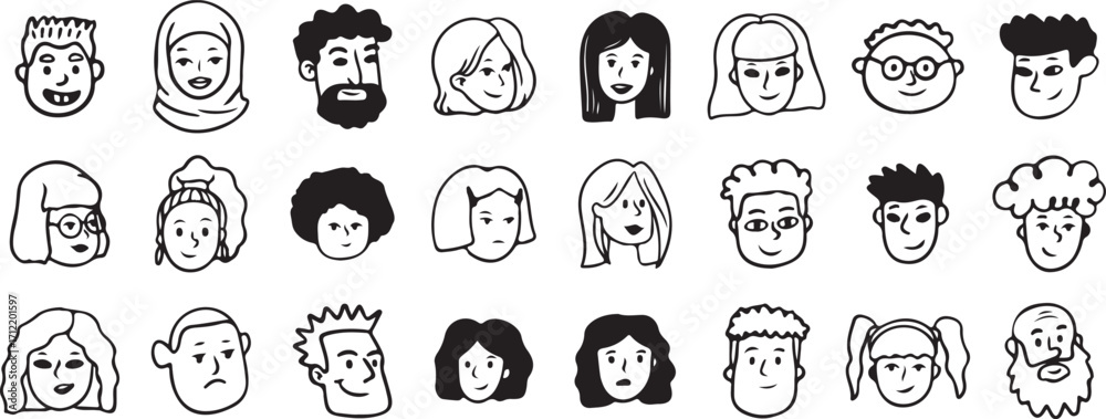 Fototapeta premium Human Faces Doodle Pack – Character, Portrait, Head, Cartoon, Expression, People, Hand-drawn, Minimal, Sketch, Kids, Outline, Black, White, Funny, Cute, Icon, Vector, Doodle, Art