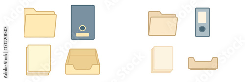 Office and computer icons with folders, binders, documents, and inbox tray for organization and data storage