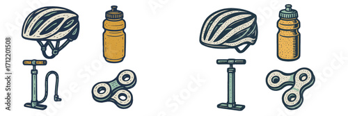 Set of bicycle accessories with a safety helmet, water bottle, air pump, and chain components for riding