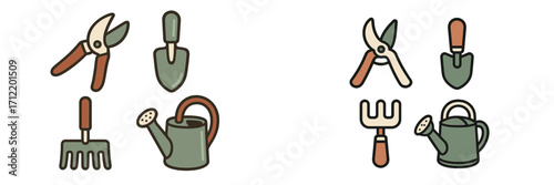 Collection of essential gardening tools including pruning shears, trowel, hand rake, and watering can