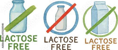 Collection of watercolor painted illustrations of lactose free logos