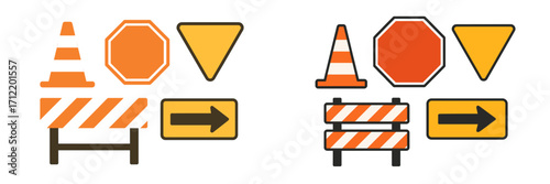 Road safety and construction signs set with traffic cone, stop sign, yield sign, barrier, and arrow