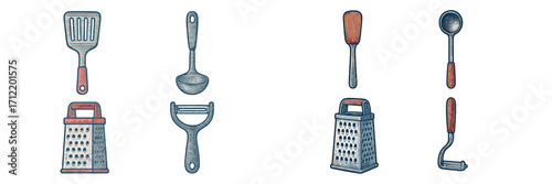 Essential kitchen utensils and cooking tools including spatulas, ladles, graters, peelers, and mashers for culinary tasks