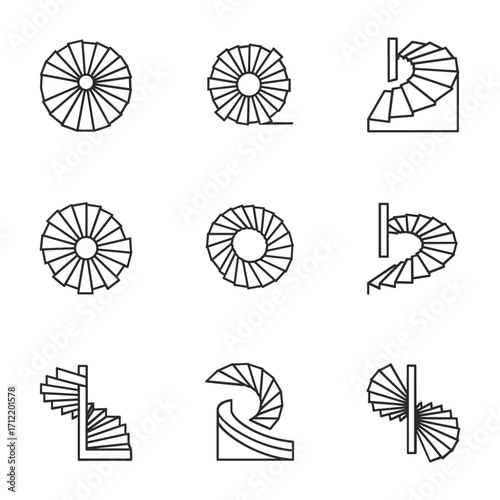 Nine black line art icons of spiral staircases viewed from different angles stairs