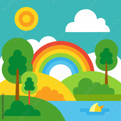 Nature park scene with rainbow in the sky vector landscape background.
