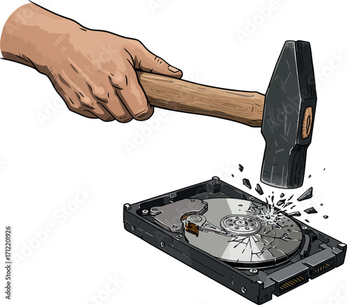 Illustration of a hand holding a hammer smashing a hard drive, isolated on white background