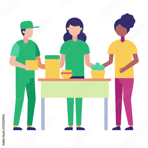 Diverse volunteers working together to sort and pack donations at a table