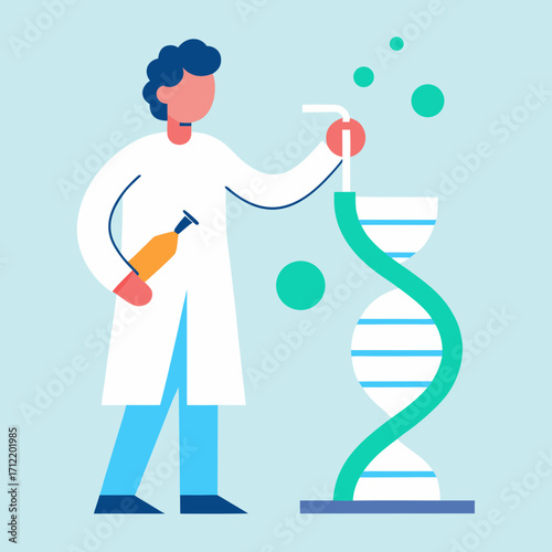 Scientist in lab coat conducts research on dna structure with bubbles