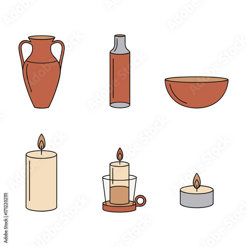 Terracotta amphora bottle bowl and three lit candles ancient vase clay pot