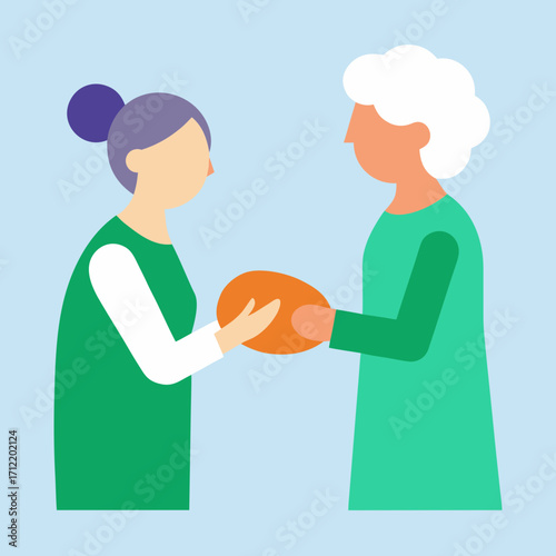 Two women sharing an orange object representing connection and giving