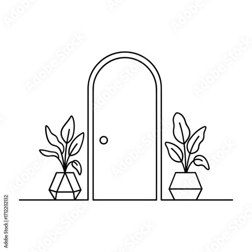 Arched doorway with potted plants on either side minimalist line art vector
