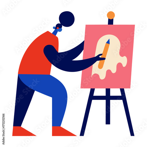 Artist creates abstract painting on easel with bold colors and geometric shapes