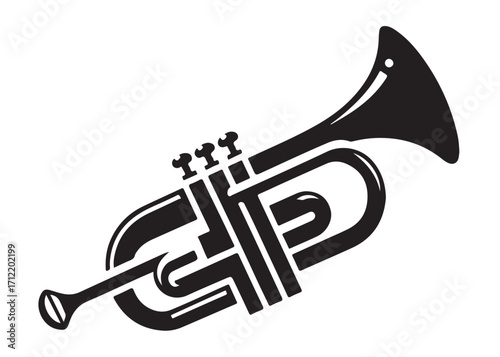 trumpet logo silhouette vector, trumpet vector silhouette illustration, jazz trumpet logo vector silhouette, trumpet silhouette vector, musical instrument logo silhouettes vector on white background. 