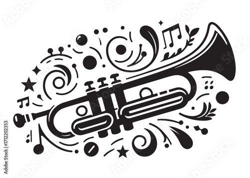 trumpet logo silhouette vector, trumpet vector silhouette illustration, jazz trumpet logo vector silhouette, trumpet silhouette vector, musical instrument logo silhouettes vector on white background. 