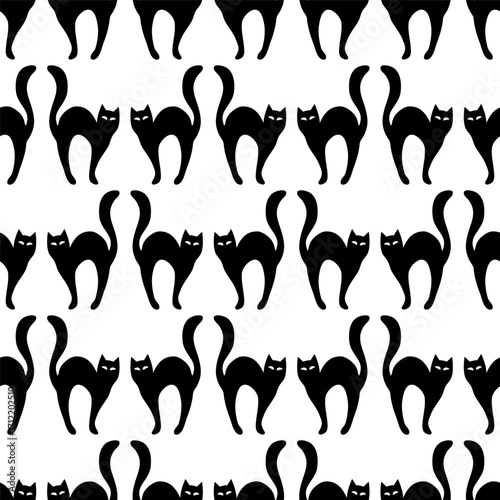 Black cats silhouettes. Seamless pattern on transparent background, vector