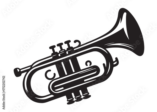 trumpet logo silhouette vector, trumpet vector silhouette illustration, jazz trumpet logo vector silhouette, trumpet silhouette vector, musical instrument logo silhouettes vector on white background. 