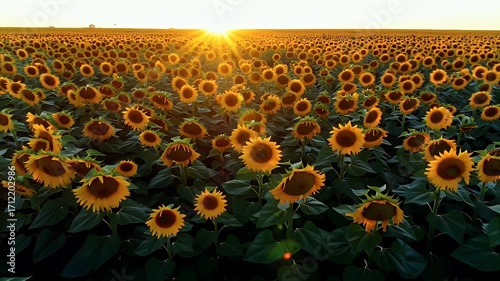 A breathtaking aerial view of a vast sunflower field at sunset, bathed in warm, golden light. The sun's rays illuminate the countless sunflowers, creating a mesmerizing scene of nature's beauty.