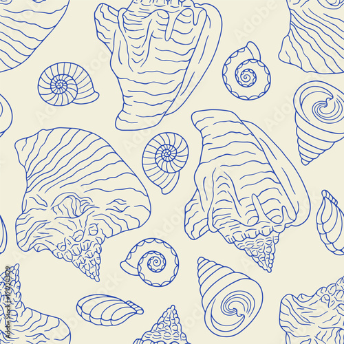 Blue and beige line art conch shells coastal seamless pattern. Hand drawn mollusk repeat background