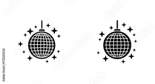 Simple black and white illustration of two disco balls with sparkling stars