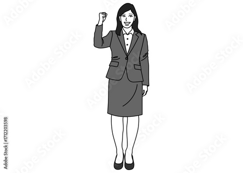 ガッツポーズをするビジネスウーマン女性のイラスト 全身正面 モノクロ