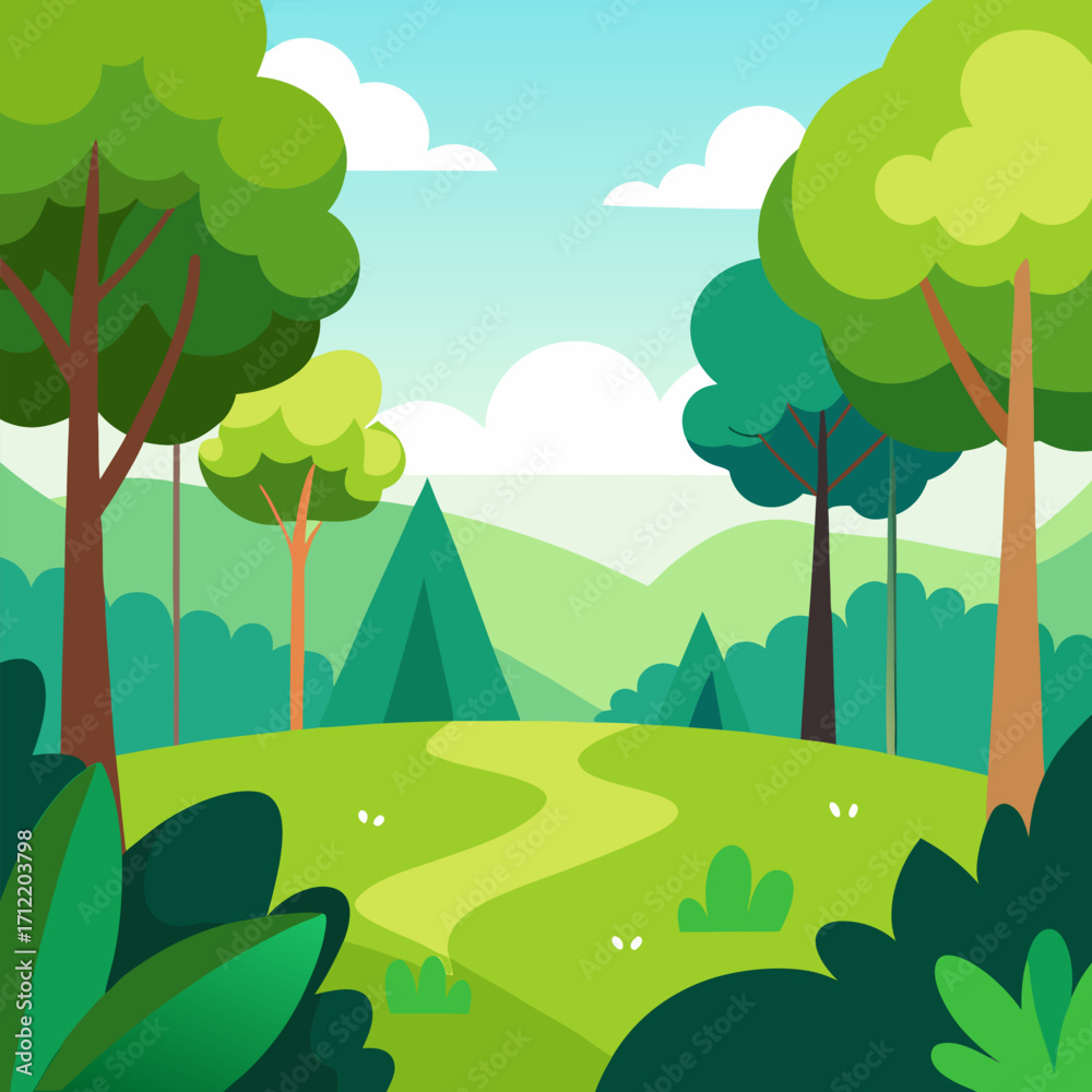 Naklejka premium Peaceful forest scene with greenery, trees, and foliage in a bright, open area vector natural landscape background.