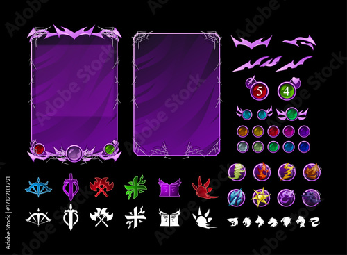 Set of Violet Horror Halloween Trading Card Game Templates — Scary TCG Customizable Front and Back Cards with Button Frames, Health Indicators, Class Roles, and Magic Elements