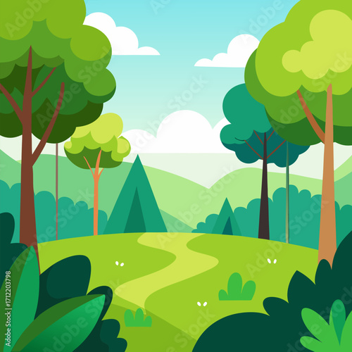 Peaceful forest scene with greenery, trees, and foliage in a bright, open area vector natural landscape background.