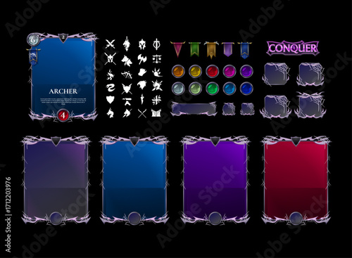 Set of Fantasy Horror Halloween Trading Card Game Templates — Scary TCG Collection with Flag, Button, Frame, Banner, and Class Role Icon Decorations