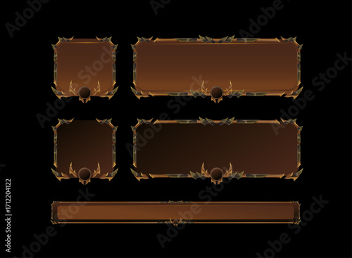 Set of Fantasy Ancient Gold Rustic Medieval Game UI Templates — Button with Hover Touch, Pop-Up Panel Frame, and Loading Bar Designs for RPG and Adventure Interface