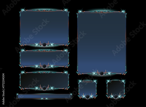 Set of Fantasy Glossy Futuristic Sci-Fi Game UI Templates — Shiny Sleek Blue Button with Hover Touch, Pop-Up Board Panel Frame, and Loading Bar Designs