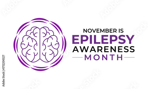 Epilepsy Awareness Month, observed in November, raises awareness about epilepsy, seizures, treatment, and brain health. Purple ribbon and  brain Vector illustration. Banner poster, social media vector