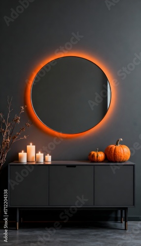 Modern Sideboard with Pumpkins, Candles, and Round Mirror Halloween Decor