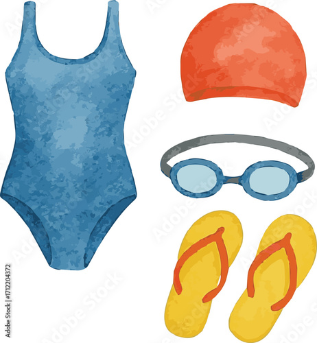 Collection of watercolor painted vector swimming stuff