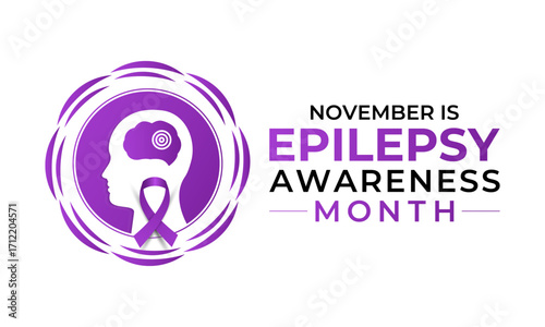 Epilepsy Awareness Month, observed in November, raises awareness about epilepsy, seizures, treatment, and brain health. Purple ribbon and  brain Vector illustration. Banner poster, social media vector