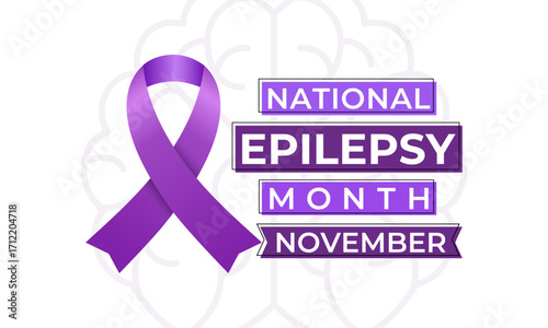 Epilepsy Awareness Month, observed in November, raises awareness about epilepsy, seizures, treatment, and brain health. Purple ribbon and  brain Vector illustration. Banner poster, social media vector