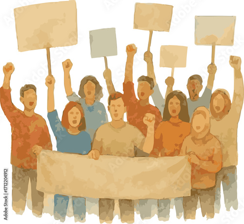 Watercolor vector painted protesting crowd