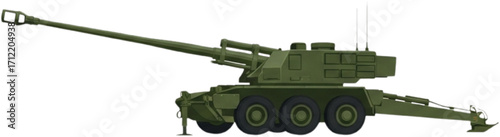 M777 Howitzer Military Artillery – Detailed Side View Vector Illustration in Olive Drab Green with Flat Colors and Shading