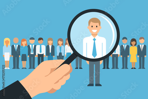 Vector illustration of magnifying glass focusing on selected candidate among group of diverse business people on blue background symbolizing recruitment and talent search