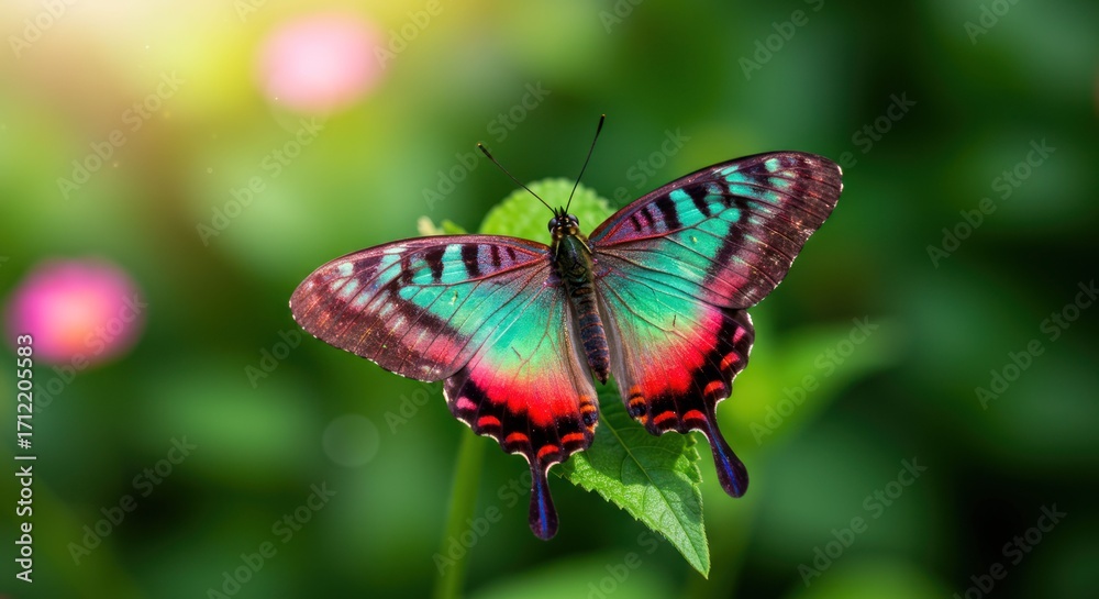 Fototapeta premium Vibrant tropical butterfly resting on a green leaf in sunlit garden