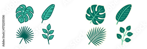 Collection of stylized green tropical leaves including monstera, banana, and palm fronds for summer and nature