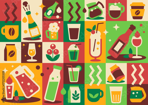 Seamless geometric mosaic pattern banner for hot, cold and alcoholic beverages. Modern drinks