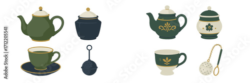 Assortment of classic teaware items including teapots, teacups, sugar bowls, and tea infusers in green and blue colors