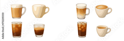 Assortment of popular coffee beverages including hot lattes, iced coffee, and espresso in various cups and glasses