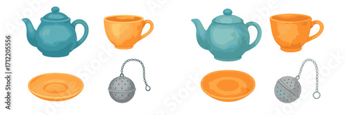 Collection of blue teapots, orange teacups, saucers, and metal tea infusers for hot beverage preparation