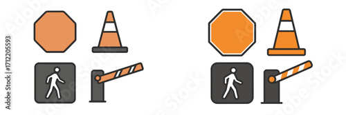 Road safety and access control symbols featuring stop sign, traffic cone, pedestrian crossing, and barrier arm