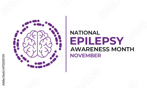 Epilepsy Awareness Month, observed in November, raises awareness about epilepsy, seizures, treatment, and brain health. Purple ribbon and  brain Vector illustration. Banner poster, social media vector