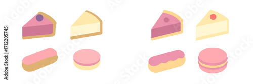 Colorful collection of delicious sweet pastries and cakes featuring cheesecake slices, eclairs, and macarons