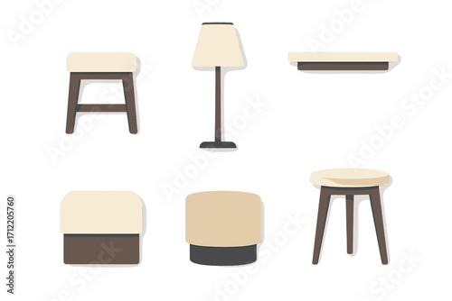 Set of contemporary minimalist furniture pieces including various stools, a floor lamp, and a wall shelf for modern interior design